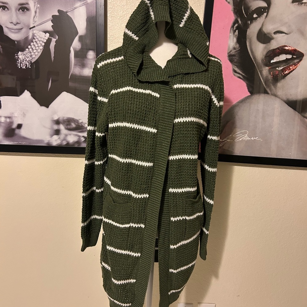 Olive and White Striped Hooded Cardigan